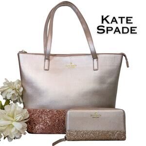 Kate Spade Greta Court Tote Bag + Zip Wallet Set Rose Gold Glitter Pink Leather
